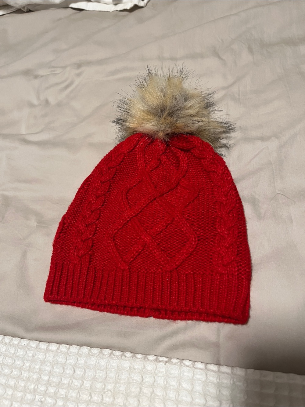 J. Crew Red Cable Knit Pom-Pom Beanie